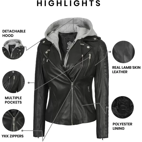 imageBlingsoul Real Lambskin Leather Jacket Women  Womens Leather Jackets With Detachable HoodBagheria  Black Jacket