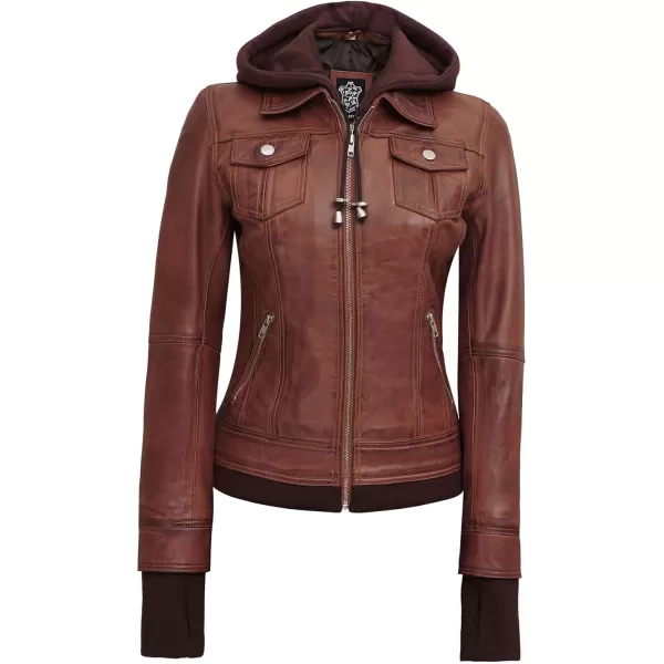 imageBlingsoul Real Lambskin Leather Jacket Women  Womens Leather Jackets With Detachable HoodCognac  Tralee Jacket