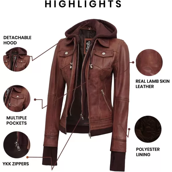 imageBlingsoul Real Lambskin Leather Jacket Women  Womens Leather Jackets With Detachable HoodCognac  Tralee Jacket