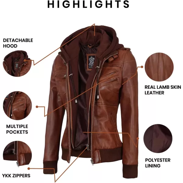 imageBlingsoul Real Lambskin Leather Jacket Women  Womens Leather Jackets With Detachable HoodEdinburgh  Cognac Jacket