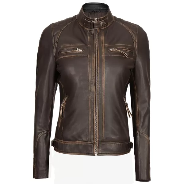 imageBlingsoul Real Leather Jacket For Women Womens Cafe Racer Style Leather JacketsDiamond1  Brown Jacket