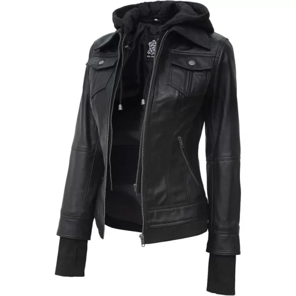 imageBlingsoul Leather Bomber Jacket Women  Real Lambskin Womens Leather Jackets with Removable HoodBlack  Betty Jacket