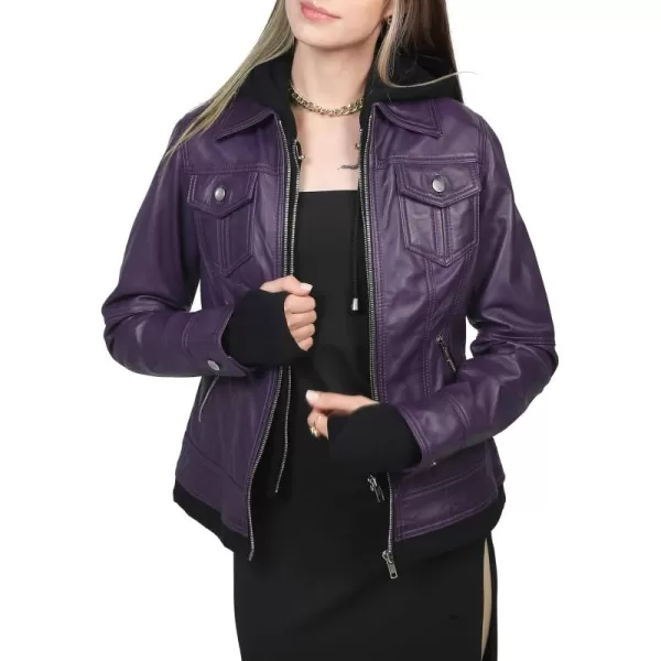 imageBlingsoul Leather Bomber Jacket Women  Real Lambskin Womens Leather Jackets with Removable HoodPurple  Betty Jacket