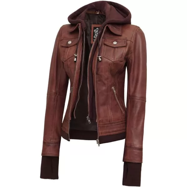 imageBlingsoul Real Lambskin Leather Jacket Women  Womens Leather Jackets With Detachable HoodCognac  Tralee Jacket