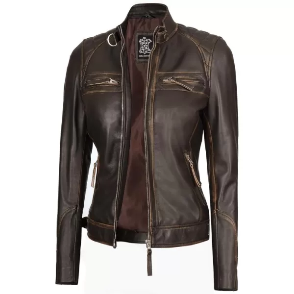 imageBlingsoul Real Leather Jacket For Women Womens Cafe Racer Style Leather JacketsDiamond1  Brown Jacket