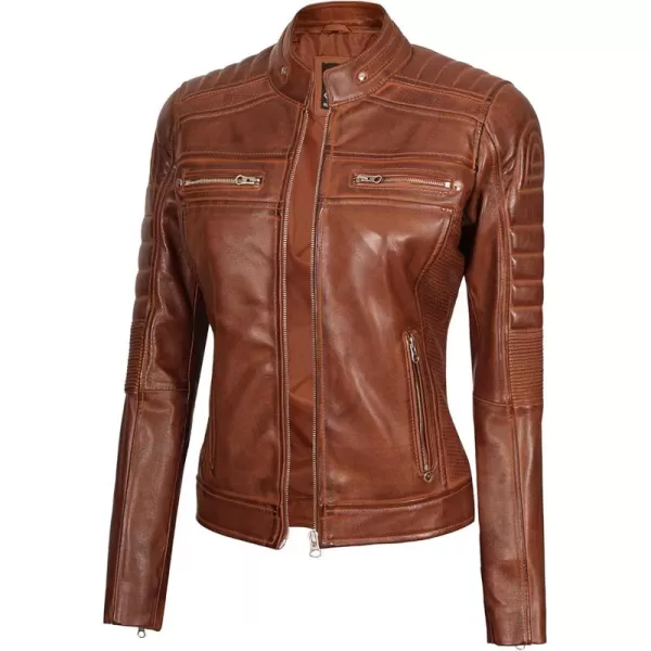 imageBlingsoul Real Leather Jackets For Women  Womens Asymmetrical Leather Motorcycle JacketCafe Racer  Cognac Jacket