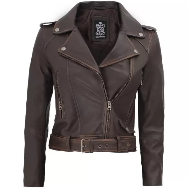 imageBlingsoul Real Leather Jackets For Women  Womens Asymmetrical Leather Motorcycle JacketRuboff Brown  Nellie Jacket