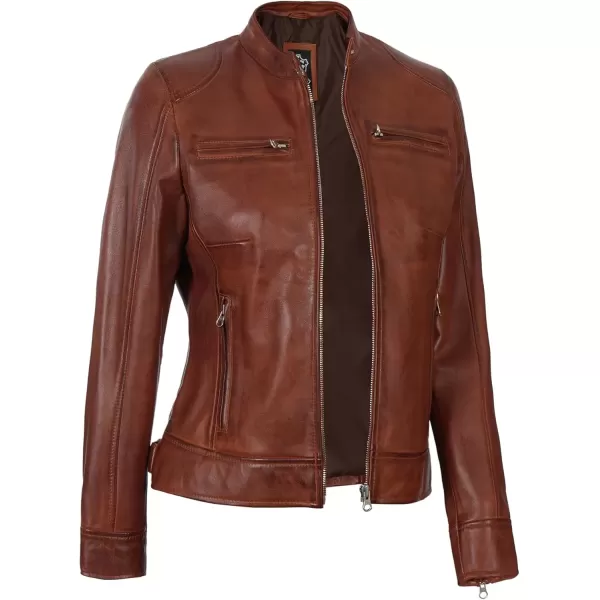 imageBlingsoul Brown Leather Jacket Women  Cafe Racer Black Womens Leather JacketsDodge  Cognac Jacket