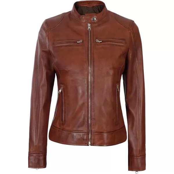 imageBlingsoul Brown Leather Jacket Women  Cafe Racer Black Womens Leather JacketsDodge  Cognac Jacket