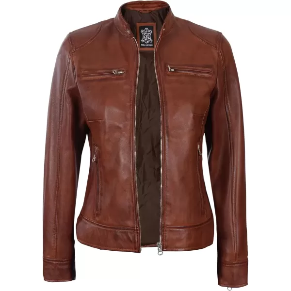 imageBlingsoul Brown Leather Jacket Women  Cafe Racer Black Womens Leather JacketsDodge  Cognac Jacket