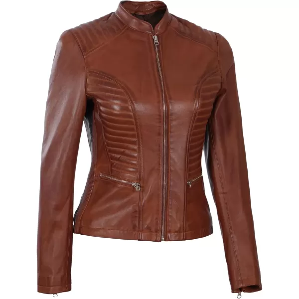 imageBlingsoul Brown Leather Jacket Women  Cafe Racer Black Womens Leather JacketsRachel  Cognac Jacket