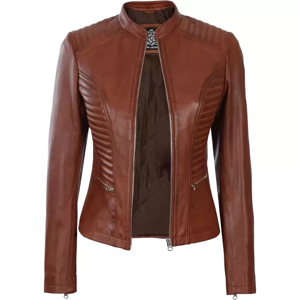 imageBlingsoul Brown Leather Jacket Women  Cafe Racer Black Womens Leather JacketsRachel  Cognac Jacket