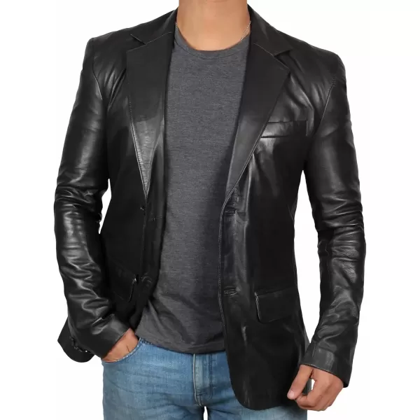 imageBlingsoul Real Lambskin Mens Leather Blazer  Casual 2 Buttons Leather Jacket for MenBlack  Leather Blazer