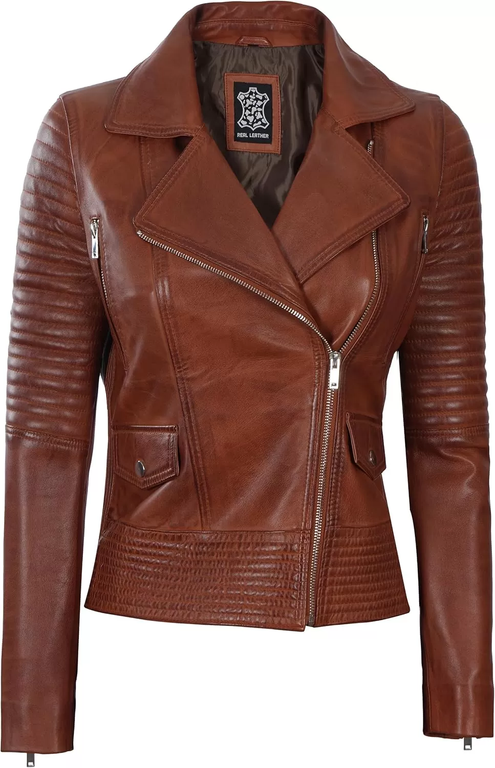 imageBlingsoul Asymmetrical Lambskin Leather Jacket Women  Classic Moto Style Womens Leather JacketsGadot  Cognac Jacket