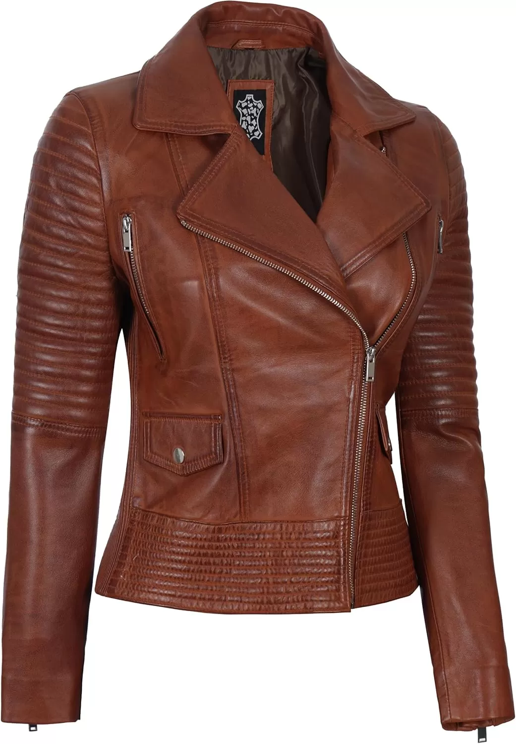 imageBlingsoul Asymmetrical Lambskin Leather Jacket Women  Classic Moto Style Womens Leather JacketsGadot  Cognac Jacket