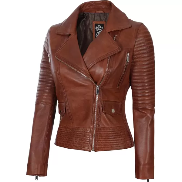 imageBlingsoul Asymmetrical Lambskin Leather Jacket Women  Classic Moto Style Womens Leather JacketsGadot  Cognac Jacket