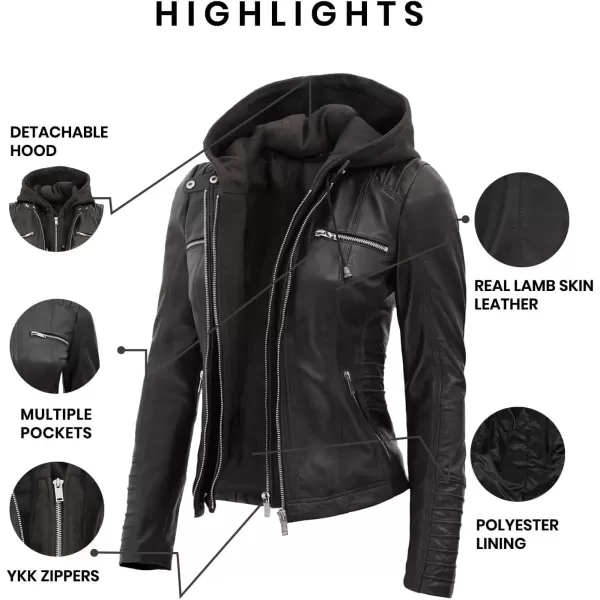 imageBlingsoul Leather Jacket Women  Real Lambskin Womens Leather Jackets with Removable HoodBlack  Helen Jacket