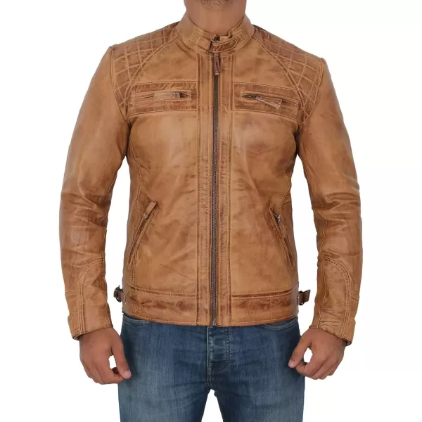 imageBlingsoul Motorcycle Leather Jacket Men  Quilted Cafe Racer Leather Jackets For MenJohnson  Light Brown Leather Jacket