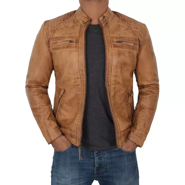 imageBlingsoul Motorcycle Leather Jacket Men  Quilted Cafe Racer Leather Jackets For MenJohnson  Light Brown Leather Jacket