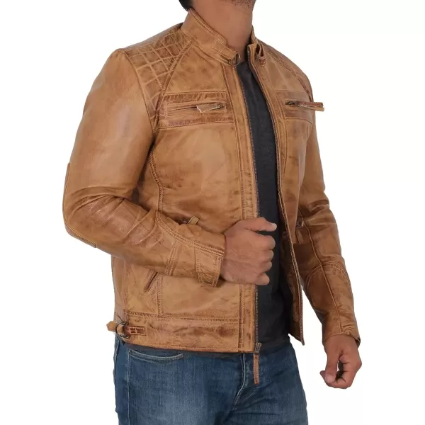 imageBlingsoul Motorcycle Leather Jacket Men  Quilted Cafe Racer Leather Jackets For MenJohnson  Light Brown Leather Jacket