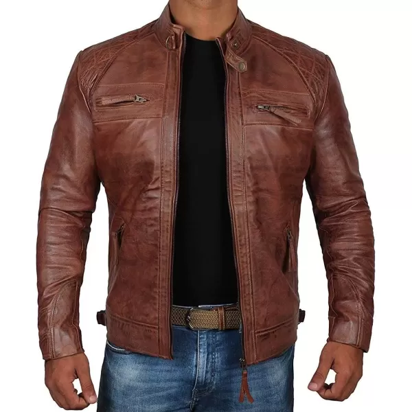 imageBlingsoul Motorcycle Leather Jacket Men  Quilted Cafe Racer Leather Jackets For MenJohnson  Tan Brown Leather Jacket