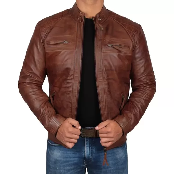 imageBlingsoul Motorcycle Leather Jacket Men  Quilted Cafe Racer Leather Jackets For MenJohnson  Tan Brown Leather Jacket