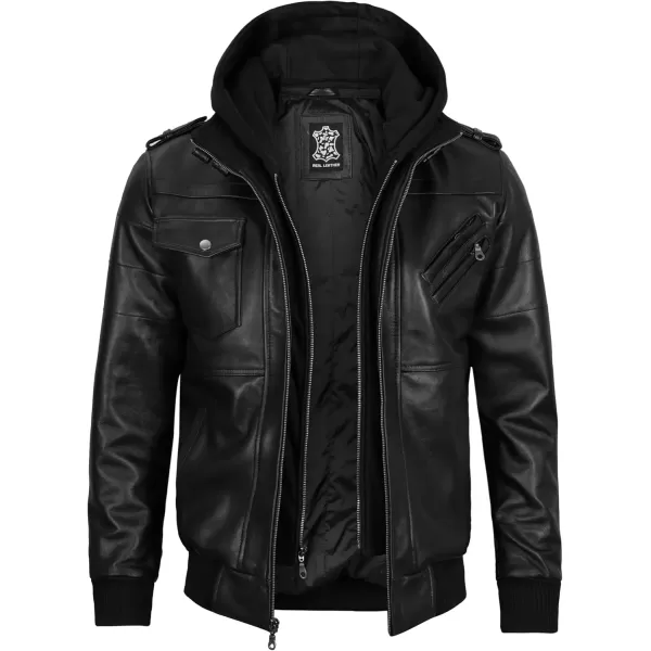 imageBlingsoul Leather Bomber Jackets For Men  Real Lambskin Mens Leather Jacket With HoodEdinburgh  Black Jacket