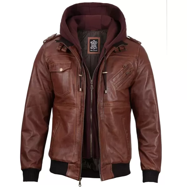 imageBlingsoul Leather Bomber Jackets For Men  Real Lambskin Mens Leather Jacket With HoodEdinburgh  Brown Jacket