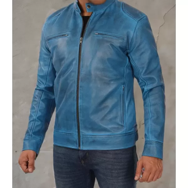 imageBlingsoul Leather Jackets For Men  Real Lambskin Motorcycle Style Mens Leather JacketDodge  Sky Blue Jacket