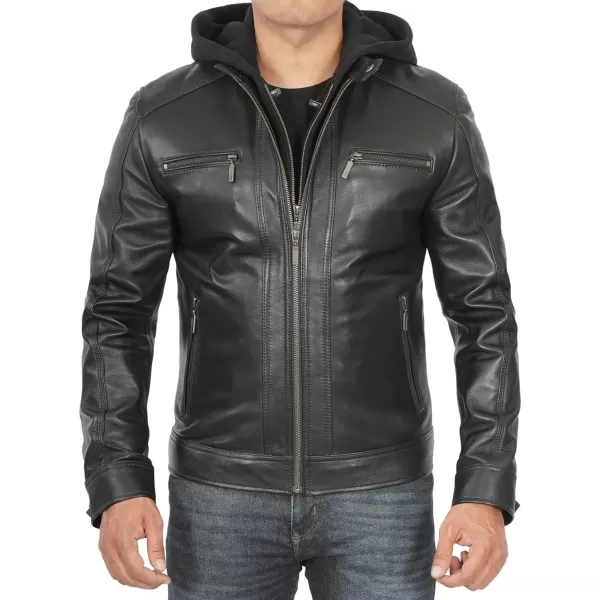 imageBlingsoul Mens Leather Jacket Moto Style Leather Jackets For Men Removable Hooded Black Leather Jacket Leather Jacket MenMerrill  Black Hooded Leather Jacket