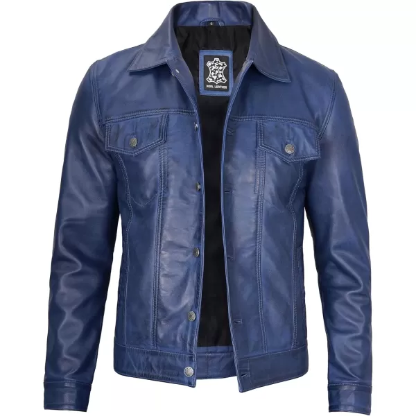 imageBlingsoul Premium Vintage Leather Jacket Men  Real Lambskin Trucker Mens Leather JacketsFernando  Blue Trucker Jacket