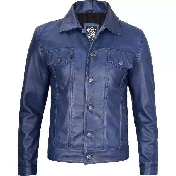 imageBlingsoul Premium Vintage Leather Jacket Men  Real Lambskin Trucker Mens Leather JacketsFernando  Blue Trucker Jacket