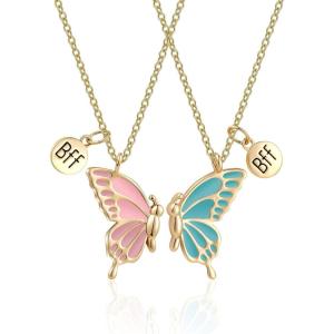 imageBlingsoul Best Friends Heart Necklace Set  2 Piece Silver Key and Lock Friendship Necklace Matching Jewelry GiftBFF Double Butterfly Necklace