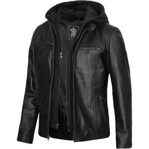 imageBlingsoul Mens Leather Jacket Moto Style Leather Jackets For Men Removable Hooded Black Leather Jacket Leather Jacket MenJonathan Hooded  Black Jacket