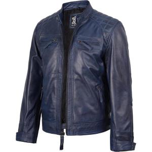 imageBlingsoul Leather Jacket Men  Quilted Cafe Racer Leather Jackets For MenDiamond1  Blue Wax Jacket