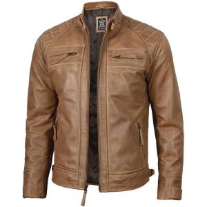 imageBlingsoul Leather Jacket Men  Quilted Cafe Racer Leather Jackets For MenJohnson  Light Brown Leather Jacket