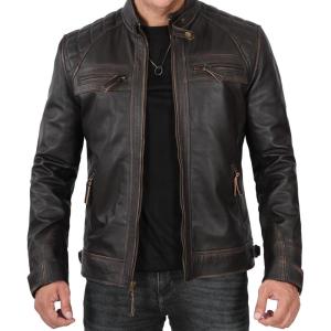 imageBlingsoul Leather Jacket Men  Quilted Cafe Racer Leather Jackets For MenJohnson  Ruboff Brown Leather Jacket