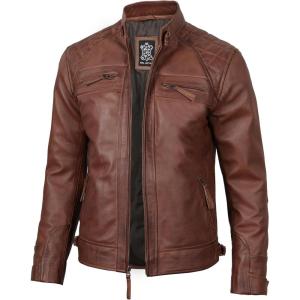 imageBlingsoul Leather Jacket Men  Quilted Cafe Racer Leather Jackets For MenJohnson  Tan Brown Leather Jacket
