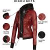 imageBlingsoul Leather Bomber Jacket Women  Real Lambskin Womens Leather Jackets with Removable HoodTralee  Maroon Jacket