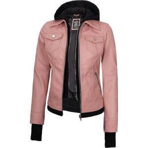 imageBlingsoul Leather Bomber Jacket Women  Real Lambskin Womens Leather Jackets with Removable HoodBetty  Hooded Pink
