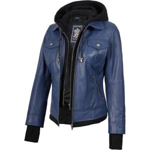 imageBlingsoul Leather Bomber Jacket Women  Real Lambskin Womens Leather Jackets with Removable HoodBlue  Betty Jacket