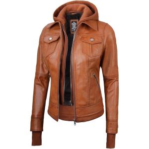 imageBlingsoul Leather Bomber Jacket Women  Real Lambskin Womens Leather Jackets with Removable HoodTralee  Brown Jacket