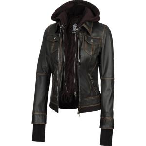 imageBlingsoul Leather Bomber Jacket Women  Real Lambskin Womens Leather Jackets with Removable HoodTralee  Ruboff Brown Jacket