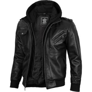 imageBlingsoul Leather Bomber Jackets For Men  Real Lambskin Mens Leather Jacket With Detachable HoodEdinburgh  Black Jacket