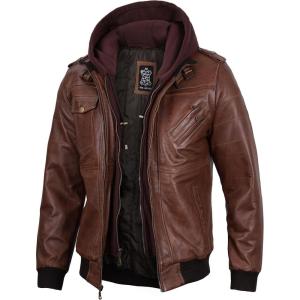 imageBlingsoul Leather Bomber Jackets For Men  Real Lambskin Mens Leather Jacket With Detachable HoodEdinburgh  Brown Jacket