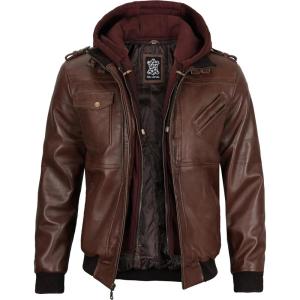 imageBlingsoul Leather Bomber Jackets For Men  Real Lambskin Mens Leather Jacket With Detachable HoodEdinburgh  Dark Brown Jacket