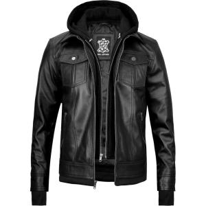 imageBlingsoul Mens Leather Jacket Removable Hooded Black Leather Jackets For MenTralee Hooded  Black Jacket