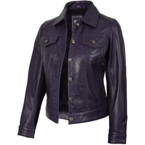 imageBlingsoul Real Lambskin Leather Jacket for Women Shirt Collar Leather Jacket WomensFernando Trucker  Purple Wax Jacket
