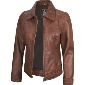 imageBlingsoul Real Lambskin Leather Jacket for Women Shirt Collar Leather Jacket WomensJose  Cognac Jacket