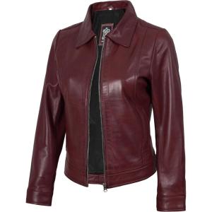 imageBlingsoul Real Lambskin Leather Jacket for Women Shirt Collar Leather Jacket WomensJose  Maroon Jacket